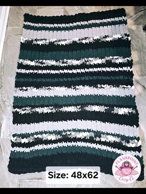 Striped Cozy Crochet Throw Blanket in Black, Dark Green and Light Gray